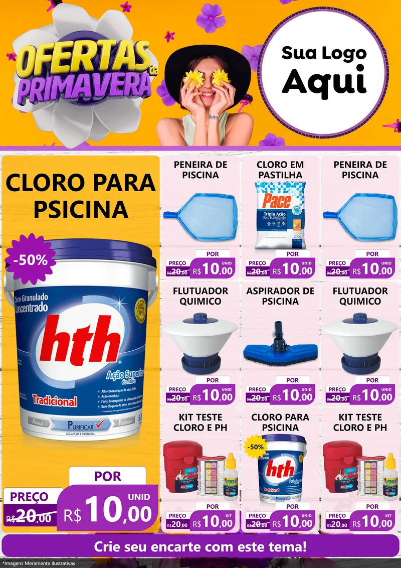 Modelo de Encarte para Encarte A4 Vertical com o tema Ofertas Da Primavera para Produtos para Piscina