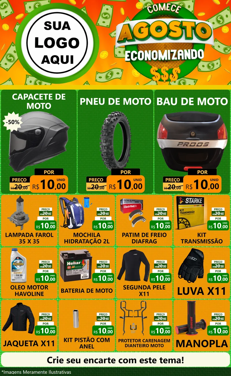 Modelo de Encarte para Encarte Grande com o tema Comece Agosto Economizando para Moto peças