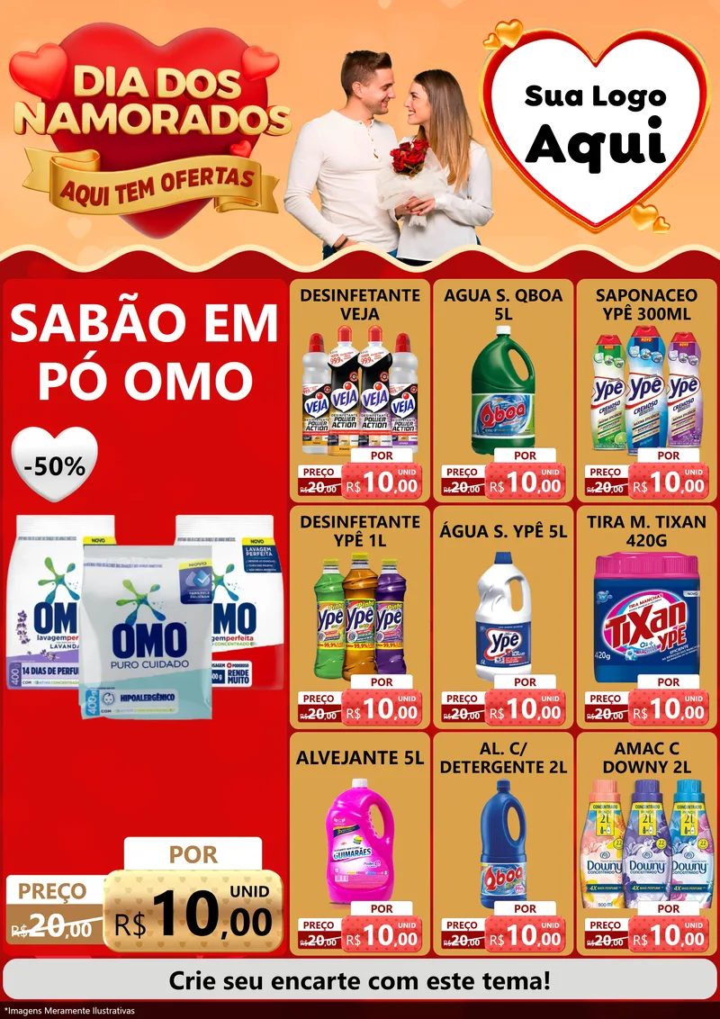Modelo de Encarte para Encarte A4 Vertical com o tema Dia dos Namorados - Aqui Tem Ofertas para Produtos de Limpeza