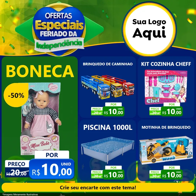Modelo de Rede Social para Feed Facebook com o tema Ofertas Especiais Feriado da Independência para Brinquedos