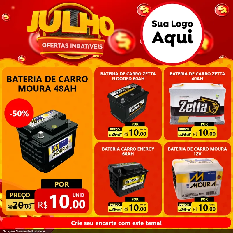Modelo de Rede Social para Feed Facebook com o tema Julho Ofertas Imbatíveis para Baterias Elétricas