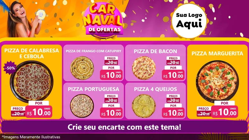 Modelo de TV para TV Horizontal com o tema Carnaval de Ofertas para Pizzaria