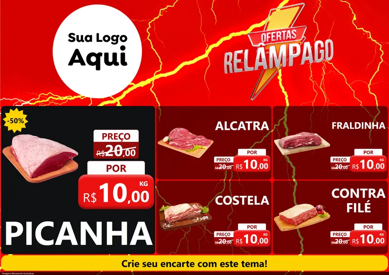 Modelo de Encarte para Encarte A4 Horizontal com o tema Ofertas Relâmpago para Açougue