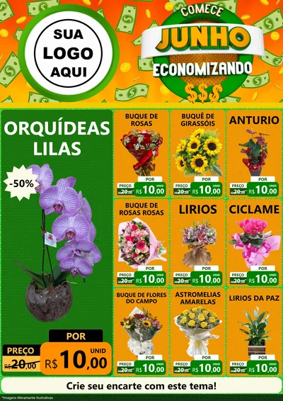 Modelo de Encarte para Encarte A4 Vertical com o tema Comece Junho Economizando para Floricultura e jardim