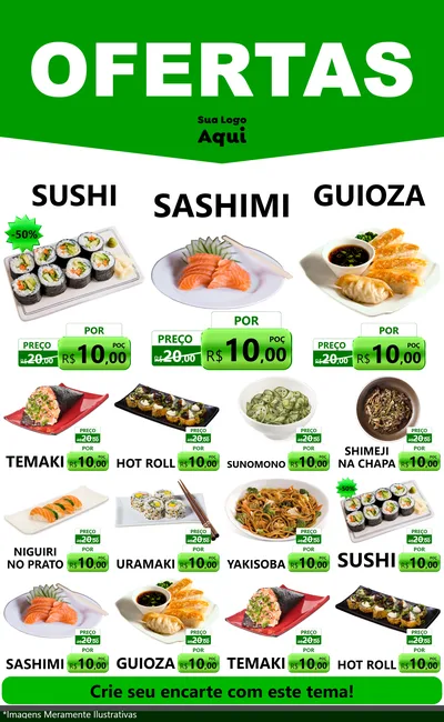 Modelo de Encarte para Encarte Grande com o tema Ofertas Verde Cartaz para Comida japonesa