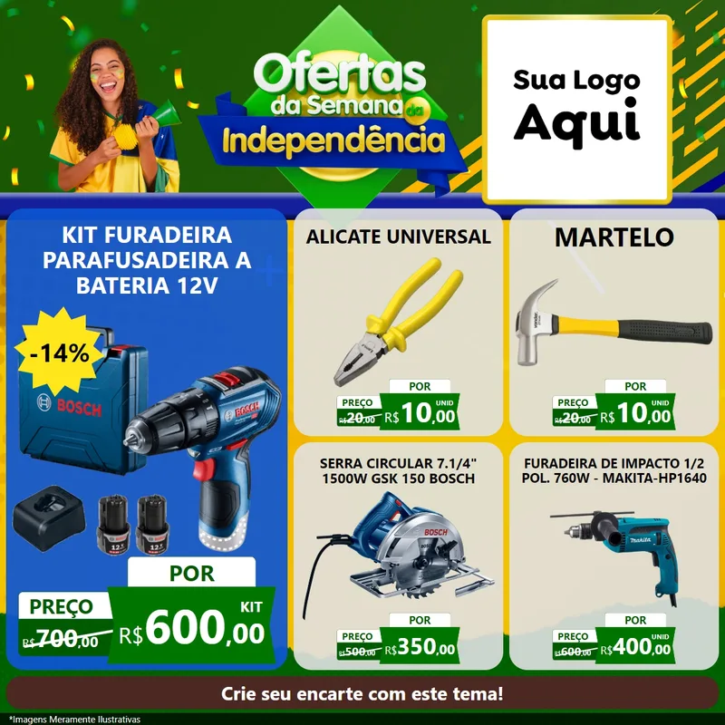 Modelo de Rede Social para Feed Facebook com o tema Ofertas da Semana da Independência para Maquinas e Ferramentas