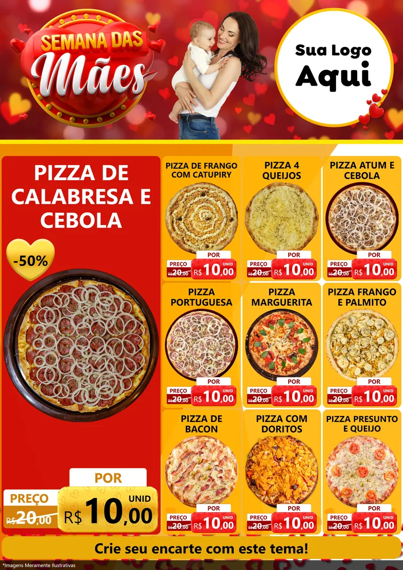 Modelo de Encarte para Encarte A4 Vertical com o tema Semana das Mães para Pizzaria