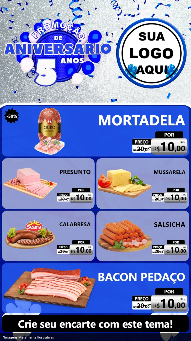 Modelo de TV para TV Vertical com o tema Promoção de Aniversário - 5 Anos para Frios e Laticínios