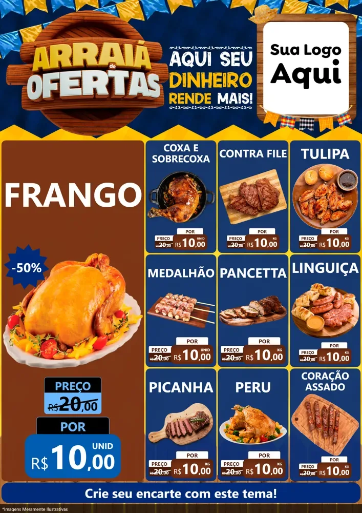 Modelo de Encarte para Encarte A4 Vertical com o tema Arraiá de Ofertas - Junina para Assados