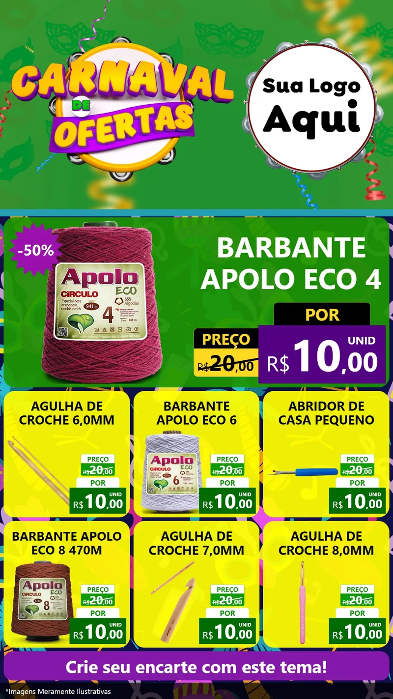 Modelo de Rede Social para Stories com o tema Carnaval de Ofertas para Armarinho e Aviamentos