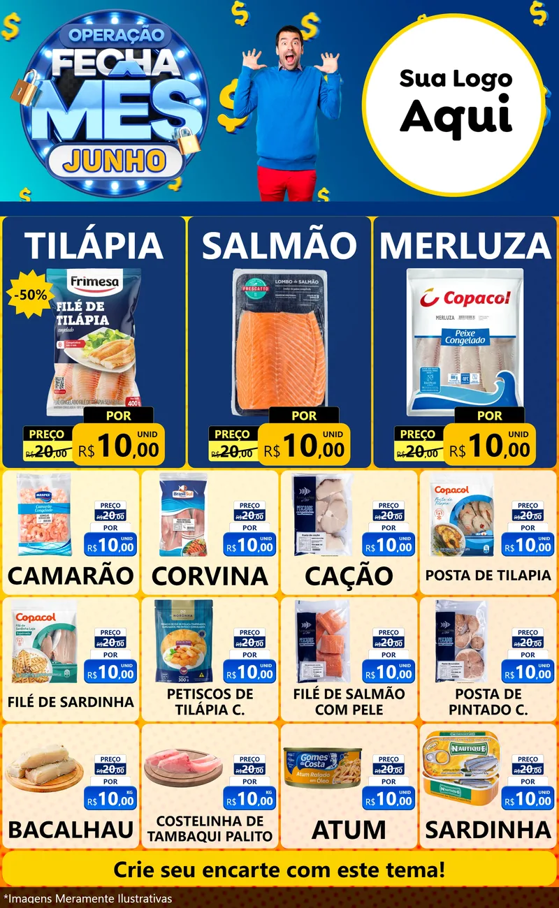 Modelo de Encarte para Encarte Grande com o tema Operação Fecha Mês, Junho para Peixaria