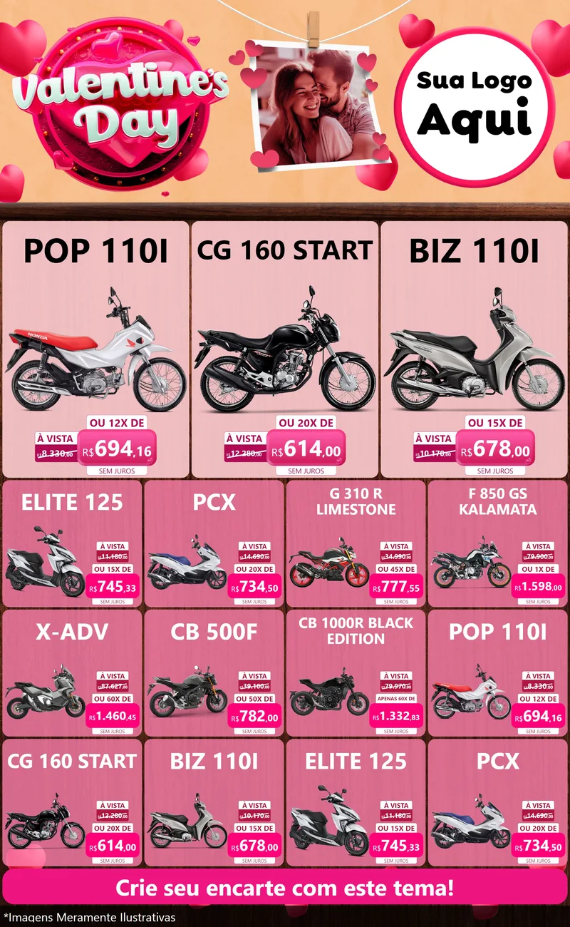 Modelo de Encarte para Encarte Grande com o tema Valentine's Day para Concessionaria de Motos