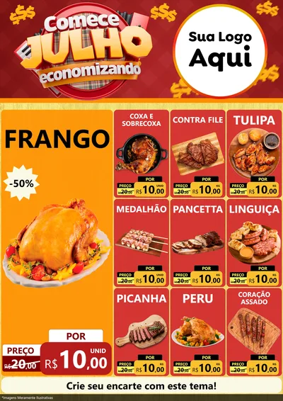 Modelo de Encarte para Encarte A4 Vertical com o tema Comece Julho Economizando para Assados