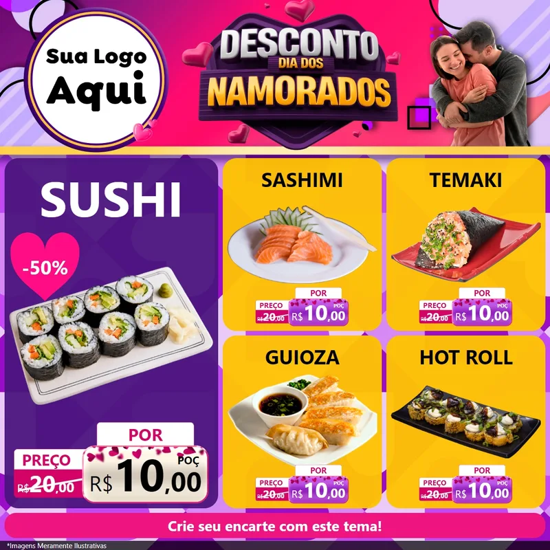 Modelo de Rede Social para Feed Facebook com o tema Desconto Dia dos Namorados para Comida japonesa