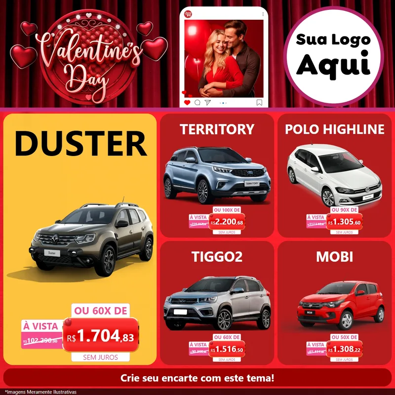 Modelo de Rede Social para Feed Facebook com o tema Valentine's Day para Concessionaria de Carros