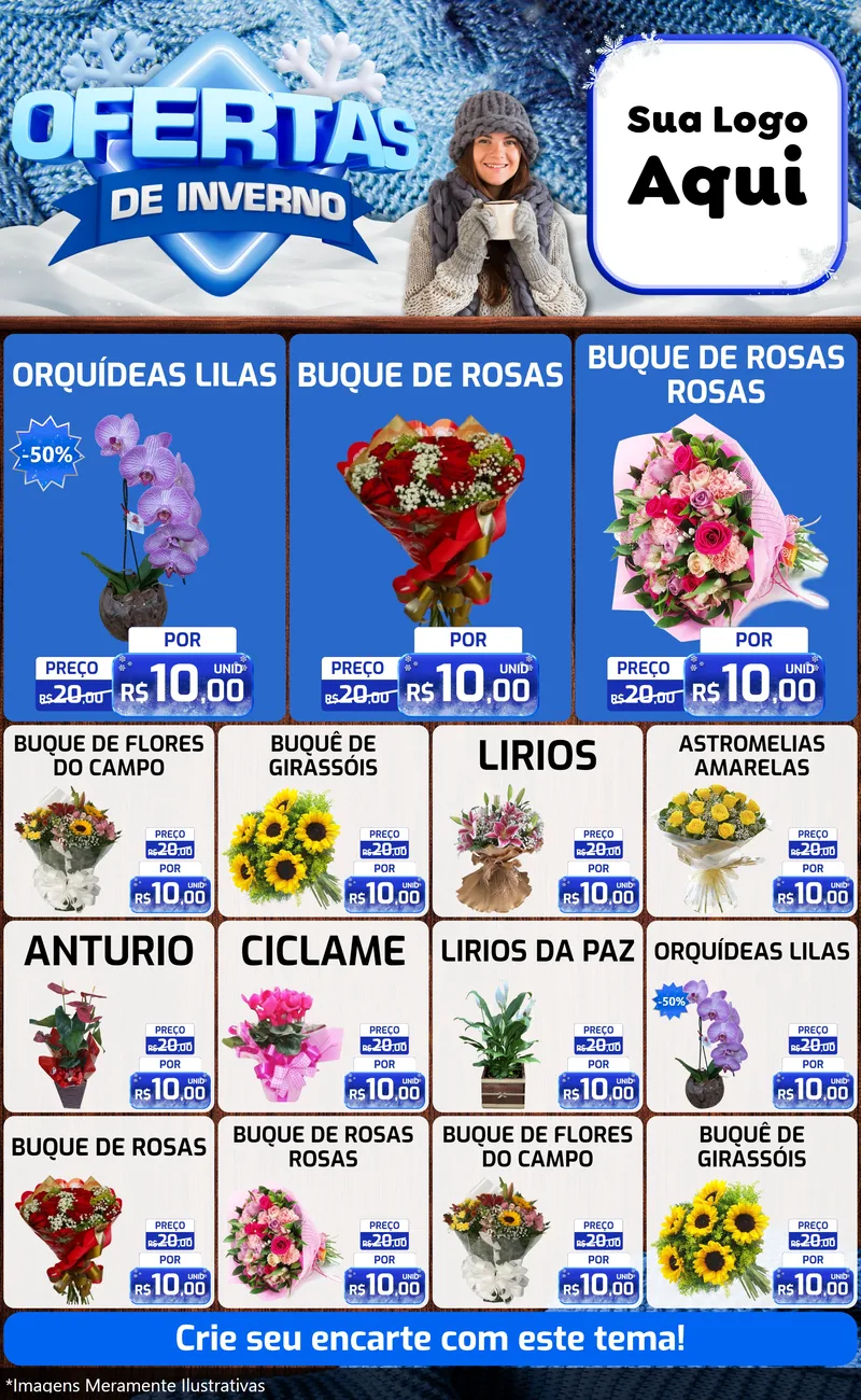 Modelo de Encarte para Encarte Grande com o tema Ofertas de Inverno para Floricultura e jardim