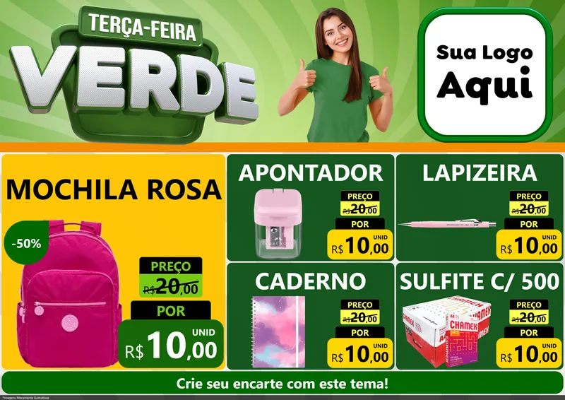 Modelo de Encarte para Encarte A4 Horizontal com o tema Terça - Feira Verde para Papelaria