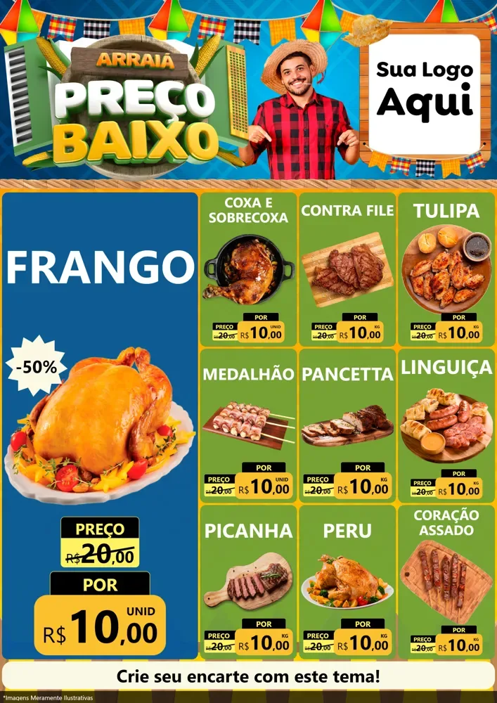 Modelo de Encarte para Encarte A4 Vertical com o tema Arraiá de Preço Baixo - Junina para Assados