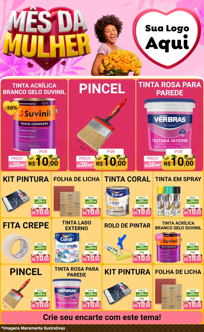 Modelo de Encarte para Encarte Grande com o tema Mês da Mulher para Tintas e Ferramentas