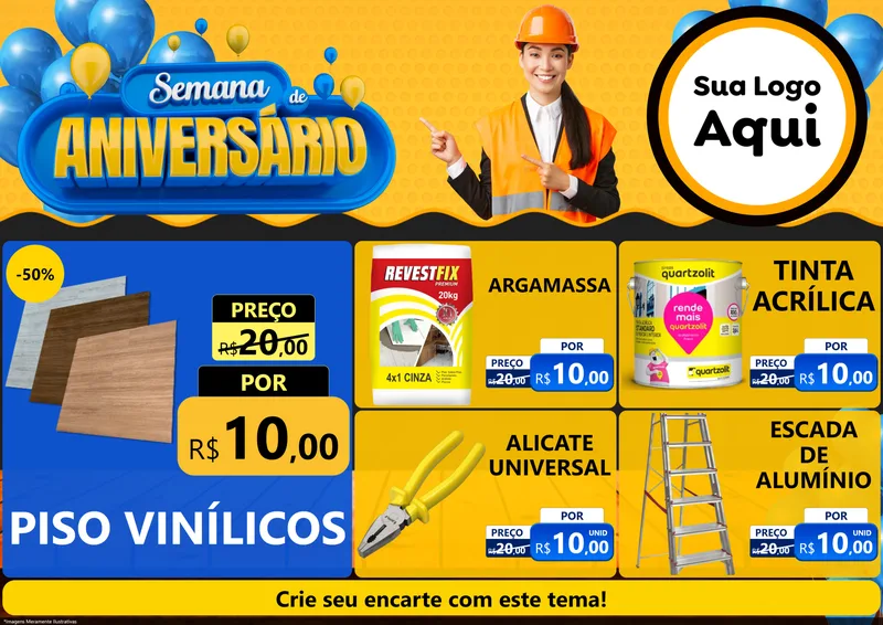 Modelo de Encarte para Encarte A4 Horizontal com o tema Semana de Aniversário para Material para Construção