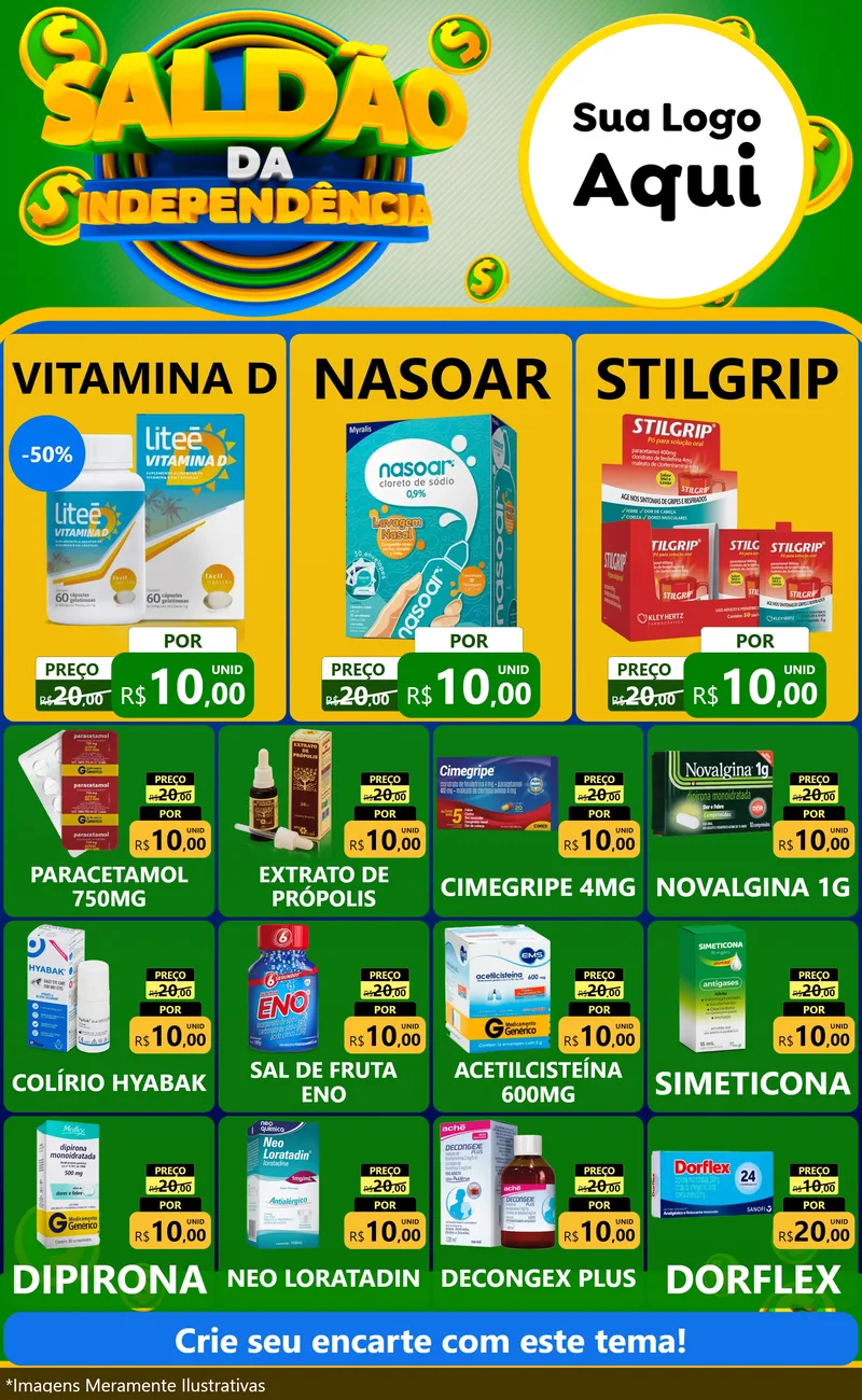 Modelo de Encarte para Encarte Grande com o tema Saldão da Indepêndencia para Farmácia