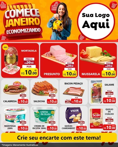 Modelo de Rede Social para Feed Instagram com o tema Comece Janeiro Economizando para Frios e Laticínios