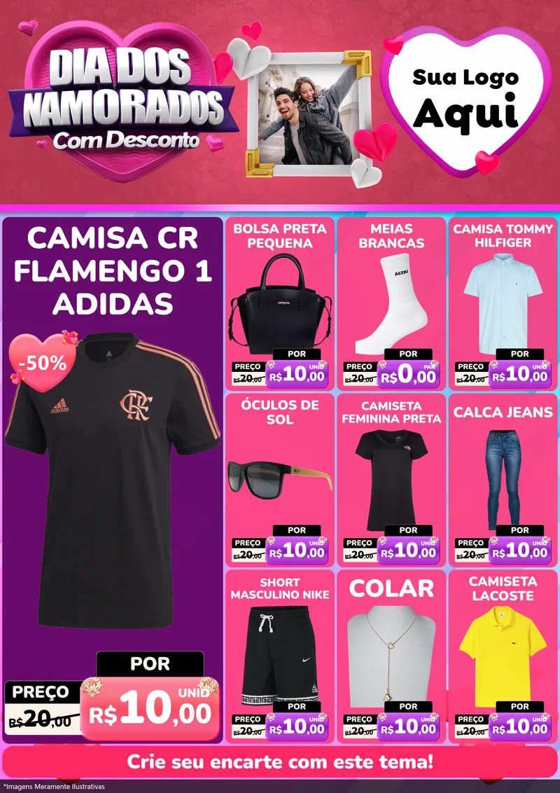 Modelo de Encarte para Encarte A4 Vertical com o tema Dia Dos Namorados Com Desconto para Roupas e acessórios