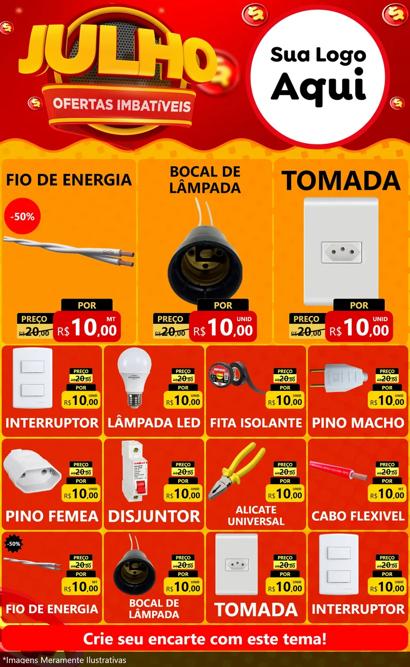 Modelo de Encarte para Encarte Grande com o tema Julho Ofertas Imbatíveis para Materiais Elétricos