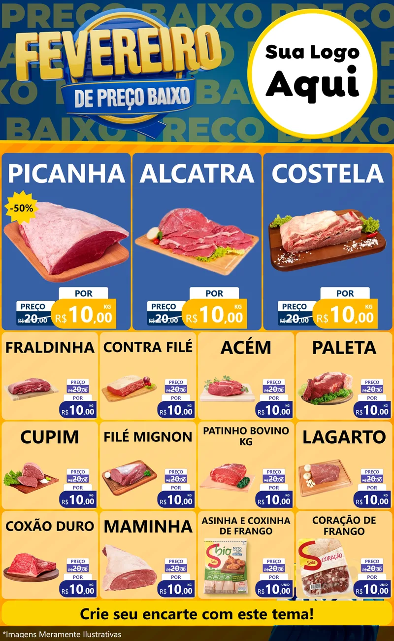 Modelo de Encarte para Encarte Grande com o tema Fevereiro de Preço Baixo para Açougue