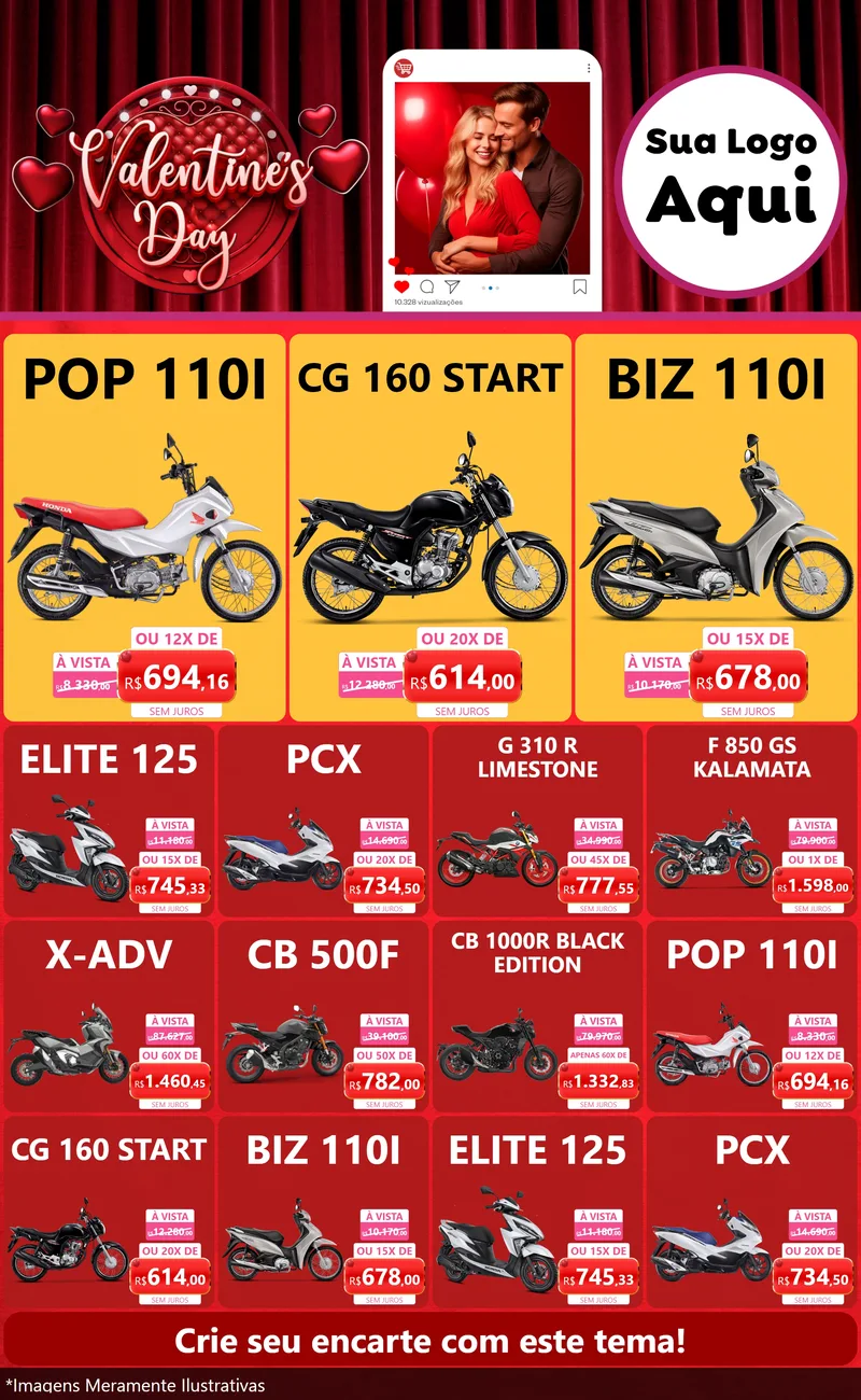 Modelo de Encarte para Encarte Grande com o tema Valentine's Day para Concessionaria de Motos