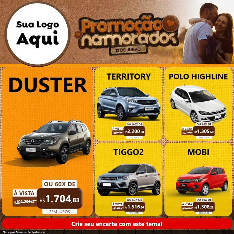 Modelo de Rede Social para Feed Facebook com o tema Promoção Namorados para Concessionaria de Carros