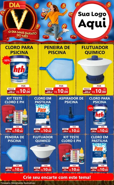 Modelo de Encarte para Encarte Grande com o tema Dia V - O Dia Mais Barato Do Mês para Produtos para Piscina
