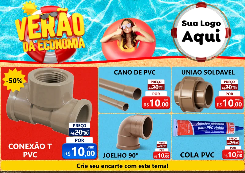 Modelo de Encarte para Encarte A4 Horizontal com o tema Verão da Economia para Tubos e conexões