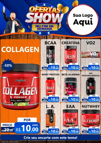 Modelo de Encarte para Encarte A4 Vertical com o tema Ofertas Show No Fim De Semana para Suplementos alimentares