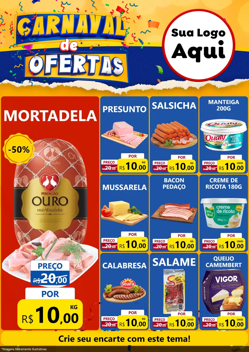 Modelo de Encarte para Encarte A4 Vertical com o tema Carnaval de Ofertas para Frios e Laticínios