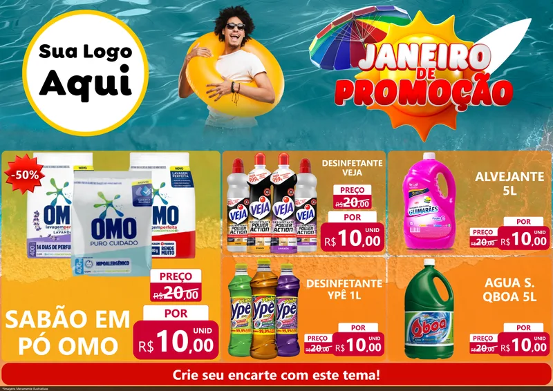 Modelo de Encarte para Encarte A4 Horizontal com o tema Janeiro de Promoção para Produtos de Limpeza