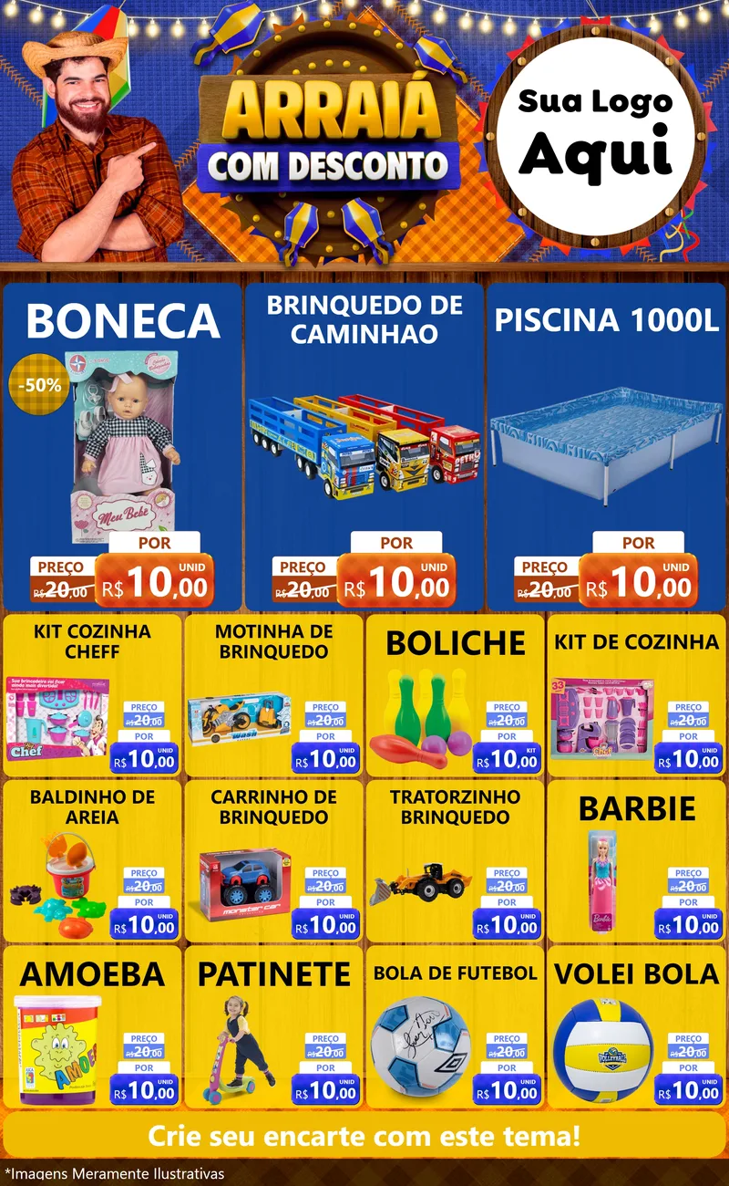 Modelo de Encarte para Encarte Grande com o tema Arraiá Com Desconto para Brinquedos