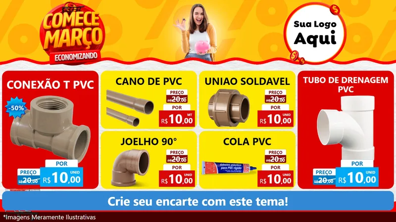 Modelo de TV para TV Horizontal com o tema Comece Março Economizando para Tubos e conexões