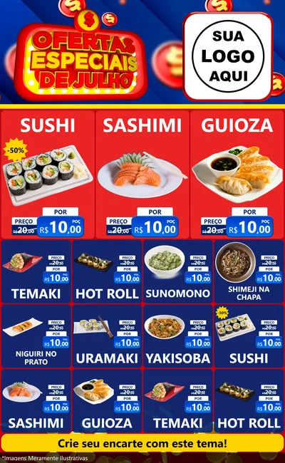 Modelo de Encarte para Encarte Grande com o tema Ofertas Especiais de Julho para Comida japonesa