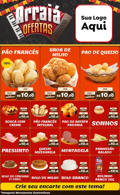 Modelo de Encarte para Encarte Grande com o tema Arraiá de Ofertas - Junina para Padaria