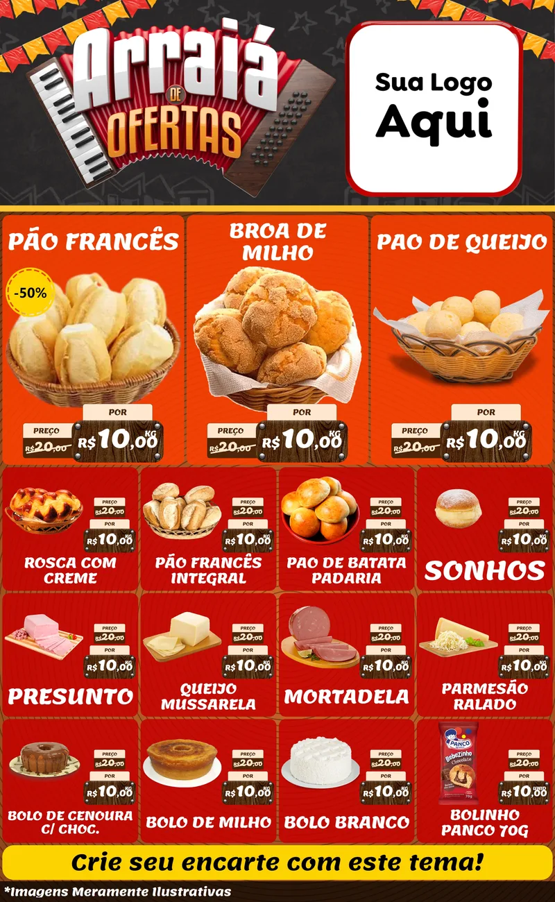 Modelo de Encarte para Encarte Grande com o tema Arraiá de Ofertas - Junina para Padaria