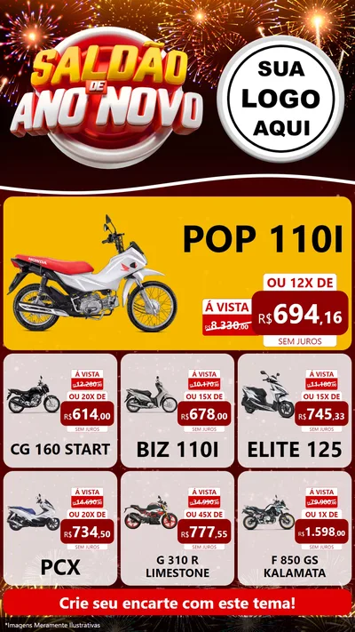 Modelo de Rede Social para Stories com o tema Saldão de Ano Novo para Concessionaria de Motos