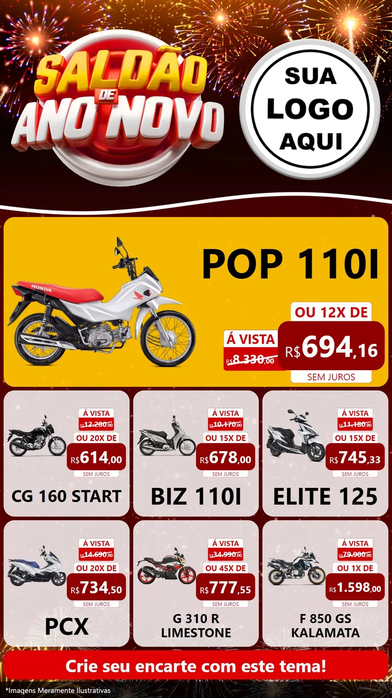 Modelo de Rede Social para Stories com o tema Saldão de Ano Novo para Concessionaria de Motos