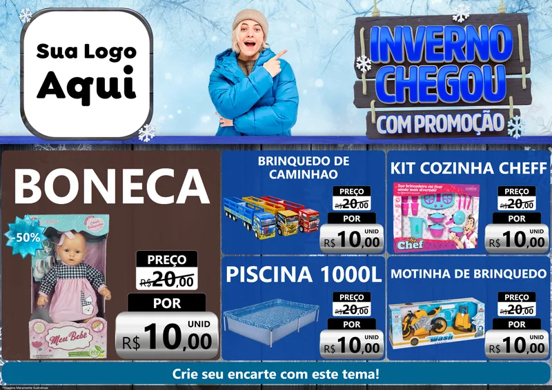Modelo de Encarte para Encarte A4 Horizontal com o tema Inverno Chegou Com Promoção para Brinquedos