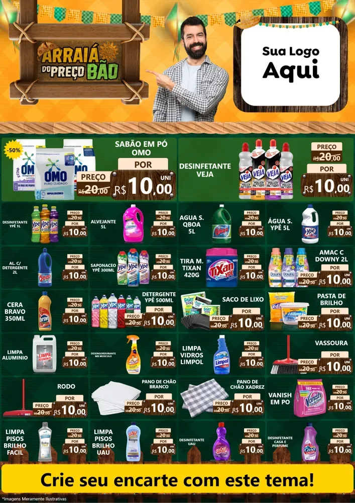 Modelo de Encarte para Encarte A4 Vertical com o tema Arraiá do preço bão para Produtos de Limpeza