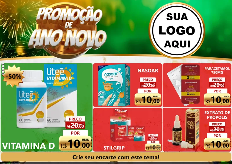 Modelo de Encarte para Encarte A4 Horizontal com o tema Promoção de Ano Novo para Farmácia