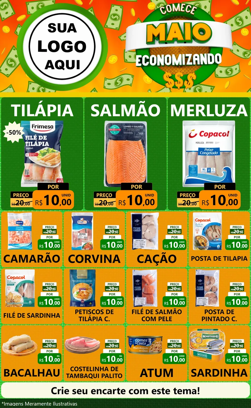 Modelo de Encarte para Encarte Grande com o tema Comece Maio Economizando para Peixaria