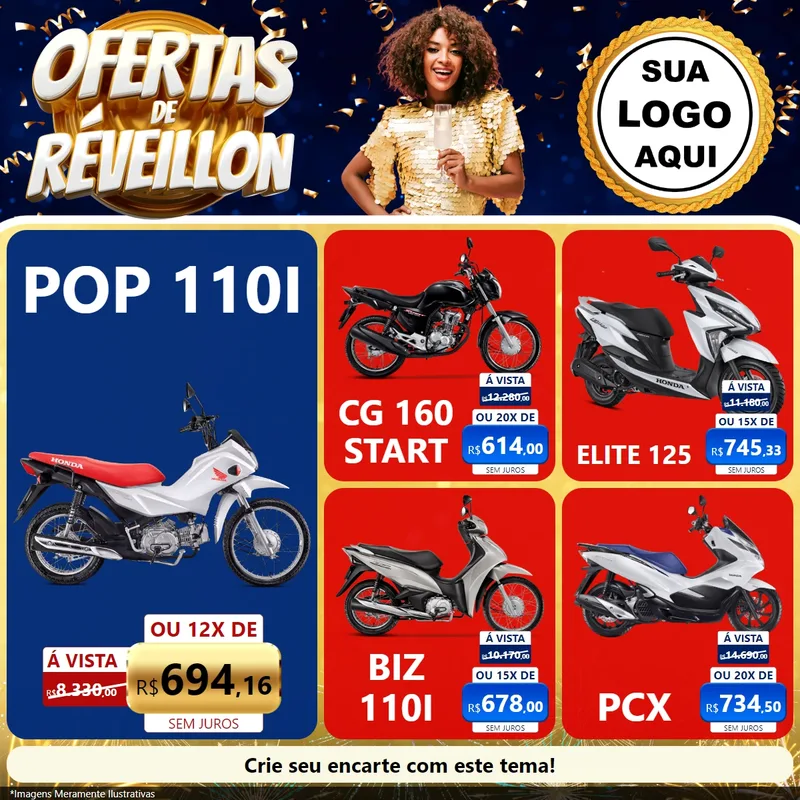 Modelo de Rede Social para Feed Facebook com o tema Ofertas de Réveillon para Concessionaria de Motos