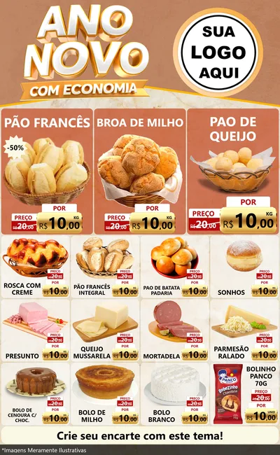 Modelo de Encarte para Encarte Grande com o tema Ano Novo Com Economia para Padaria