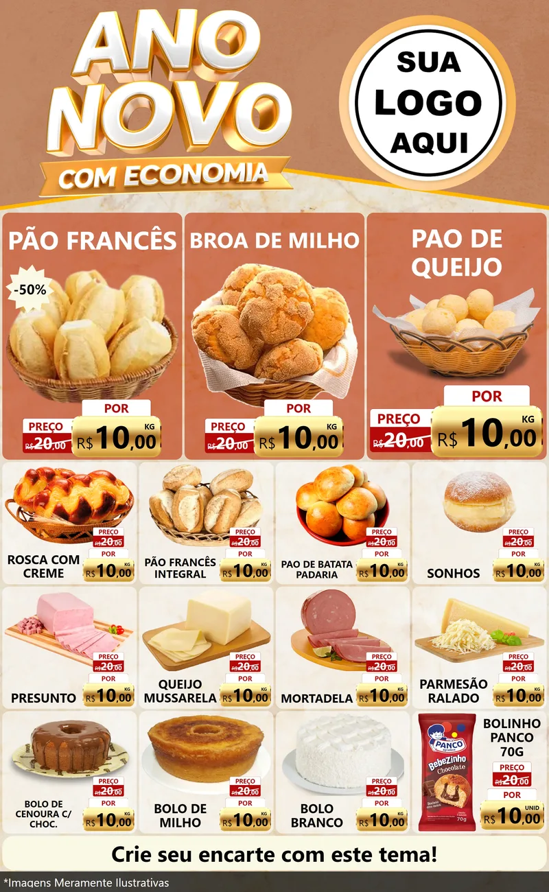Modelo de Encarte para Encarte Grande com o tema Ano Novo Com Economia para Padaria